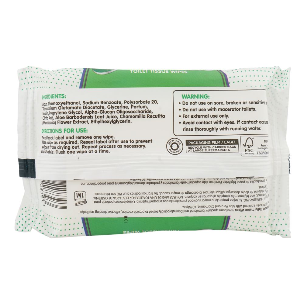Pure Flushable Toilet Tissue Wipes 40's