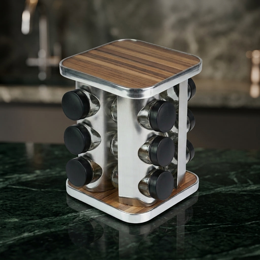 12-Piece Spice Jar Carousel – Wooden Spicen Jar Organizer