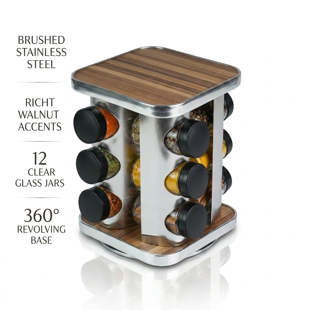 12-Piece Spice Jar Carousel – Wooden Spicen Jar Organizer