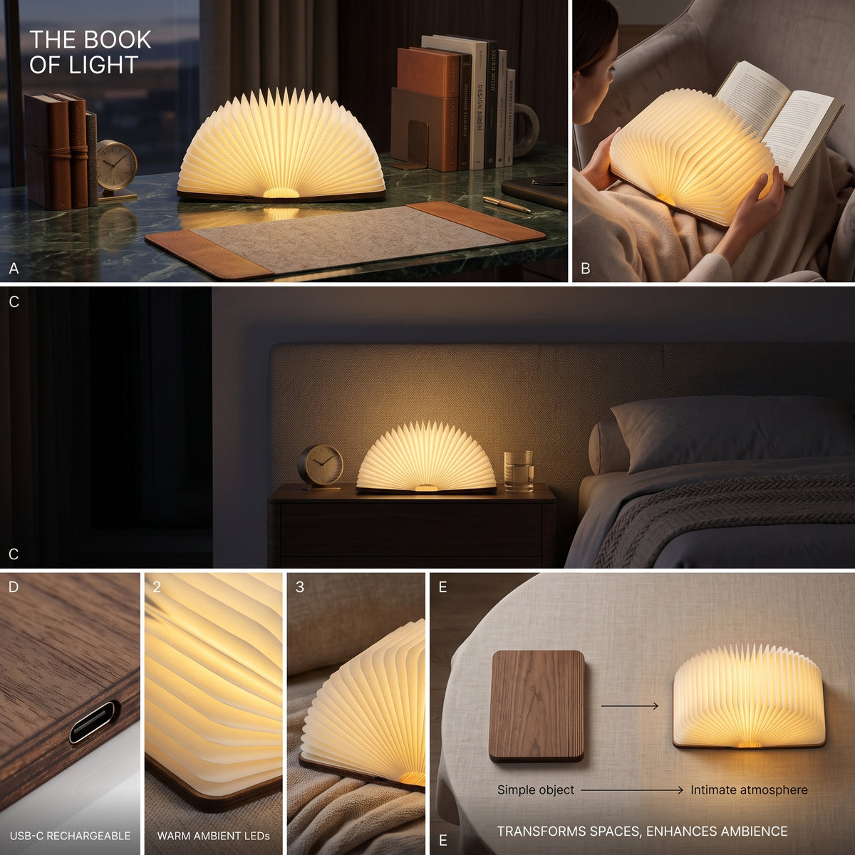 Wooden Folding Magic LED Book Light Night Lamp With 360° Magnetic Cover