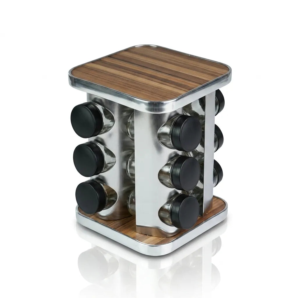 Premium Wooden Spice Jar Container Set With Spoons & Lid