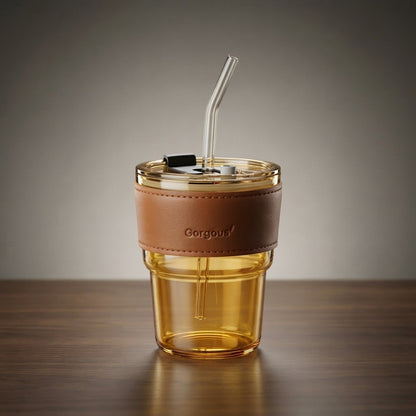 Amber Glass Tumbler with Leatherette Sleeve and Glass Straw
