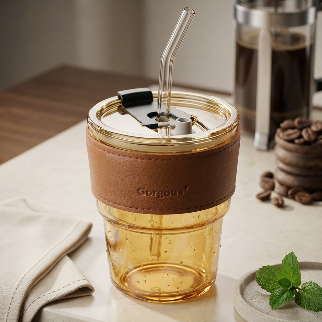 Amber Glass Tumbler with Leatherette Sleeve and Glass Straw