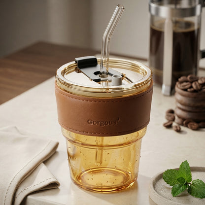 Amber Glass Tumbler with Leatherette Sleeve and Glass Straw