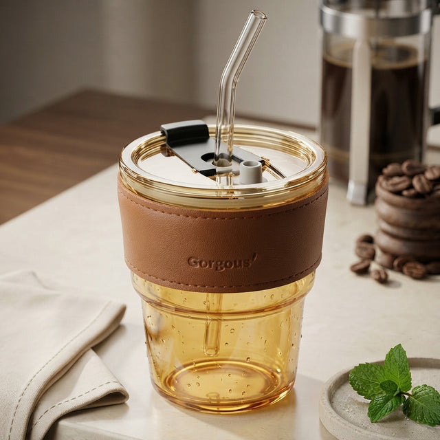Amber Glass Tumbler with Leatherette Sleeve and Glass Straw