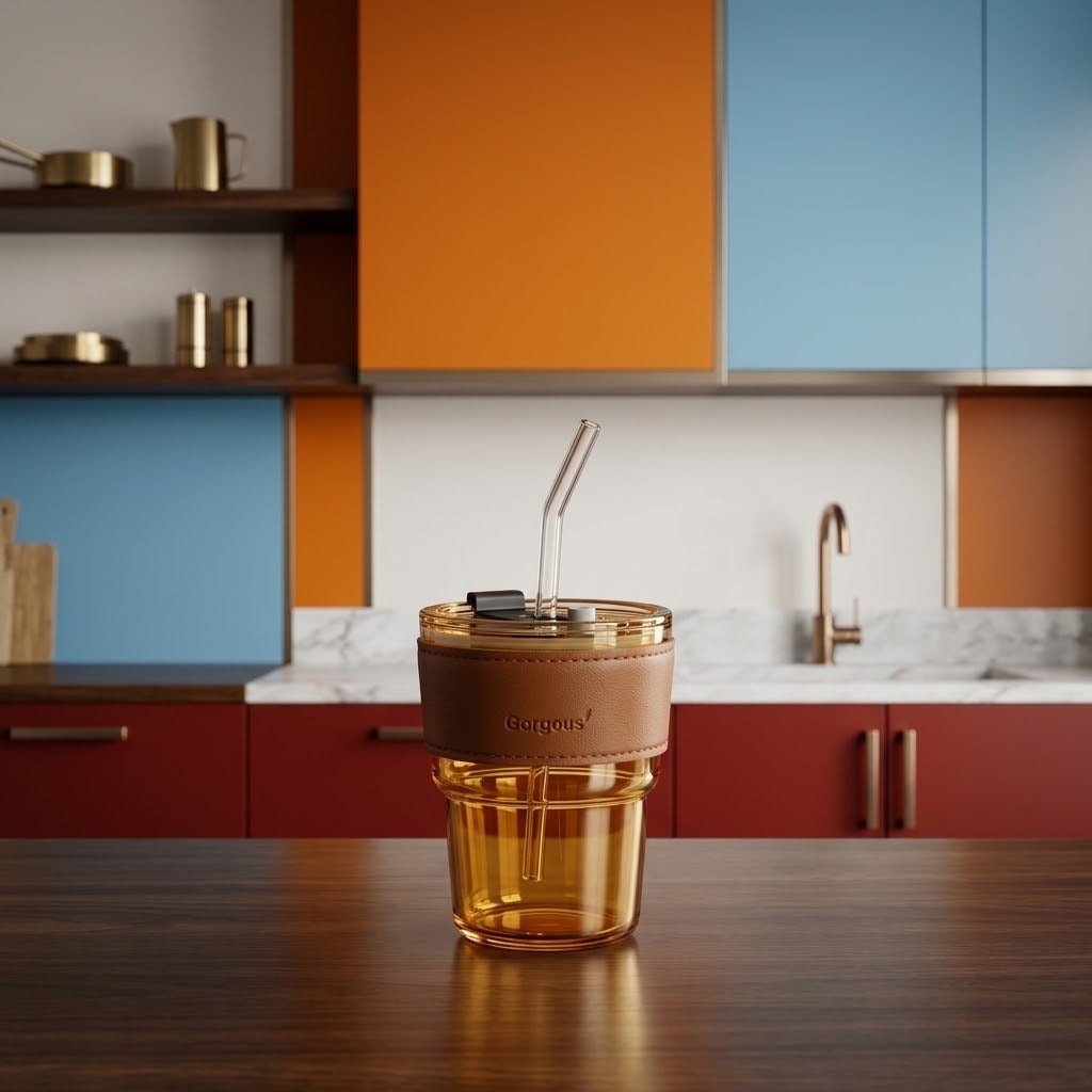 Amber Glass Tumbler with Leatherette Sleeve and Glass Straw